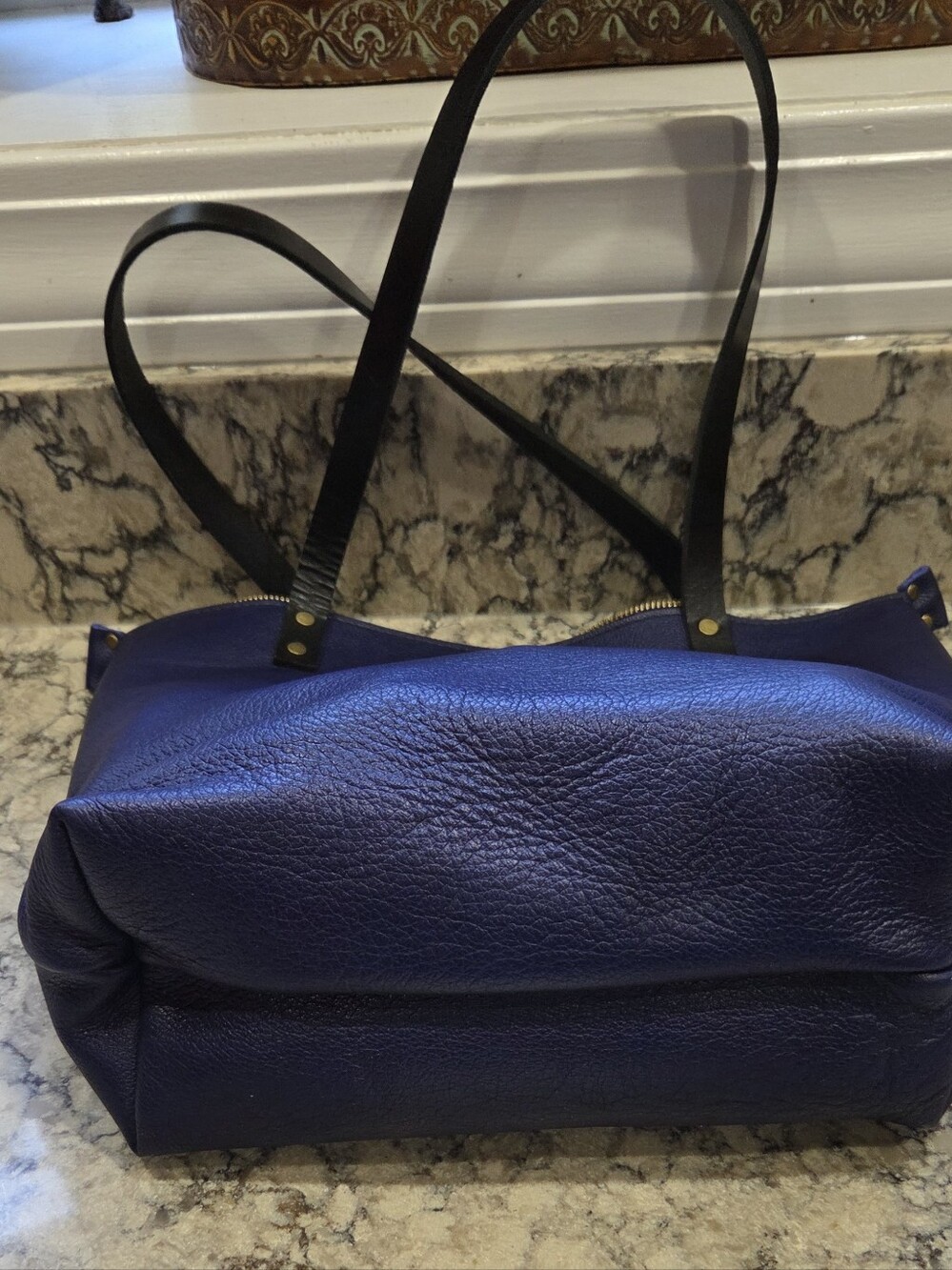 Portland Leather Cobalt Tote with Black Straps - Picture 3 of 5